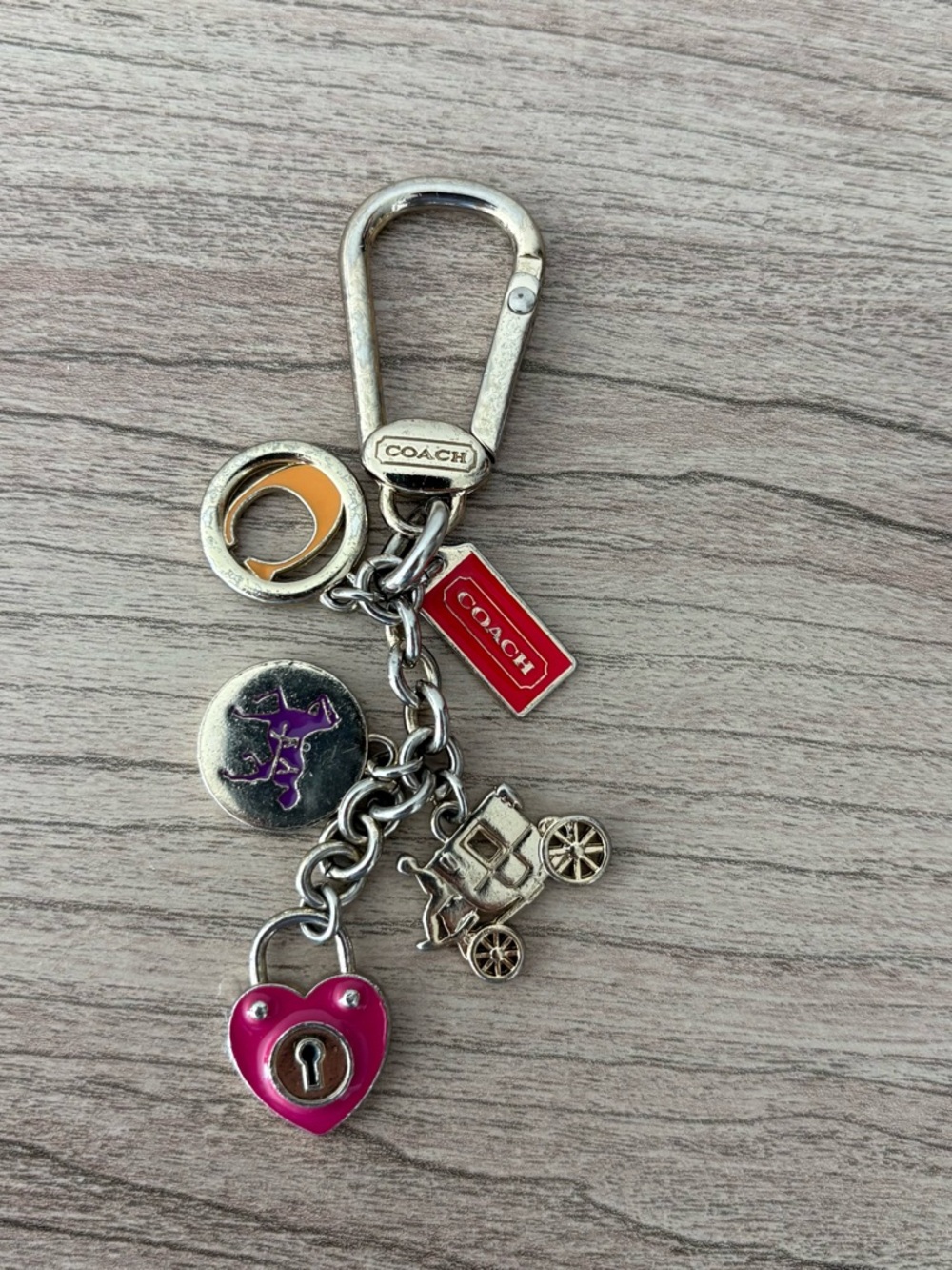 COACH Silver-Tone Charm Keychain with Pink Heart & Red Tag